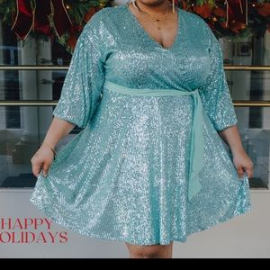 Belted Sequin Wrap Dress in Mint 18